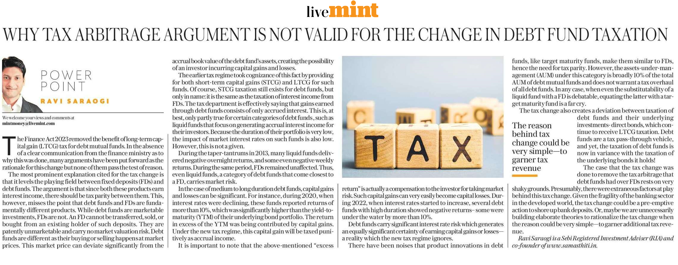 Why the tax arbitrage argument is not valid for the change in debt fund taxation
